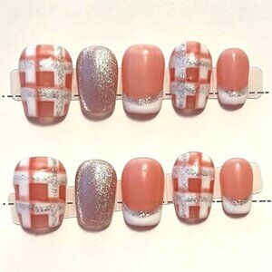 Pink and Silver Hand Made Nail Art Press On Set Short Length Size Small